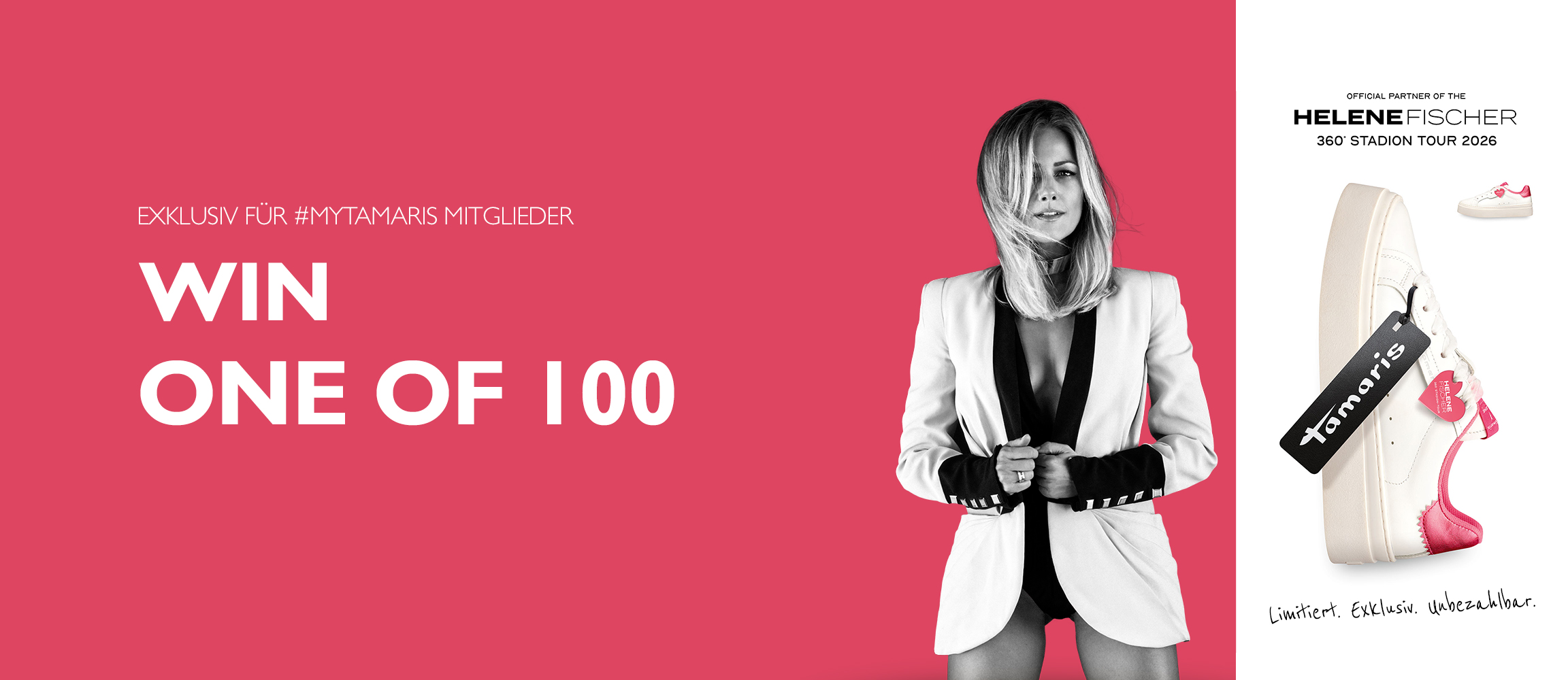 Werbebanner f&uuml;r Helene Fischers 360&deg; Stadion Tour 2026 mit der Aufschrift One of 100 und limitierten wei&szlig;en Sneakern mit roten Details.
