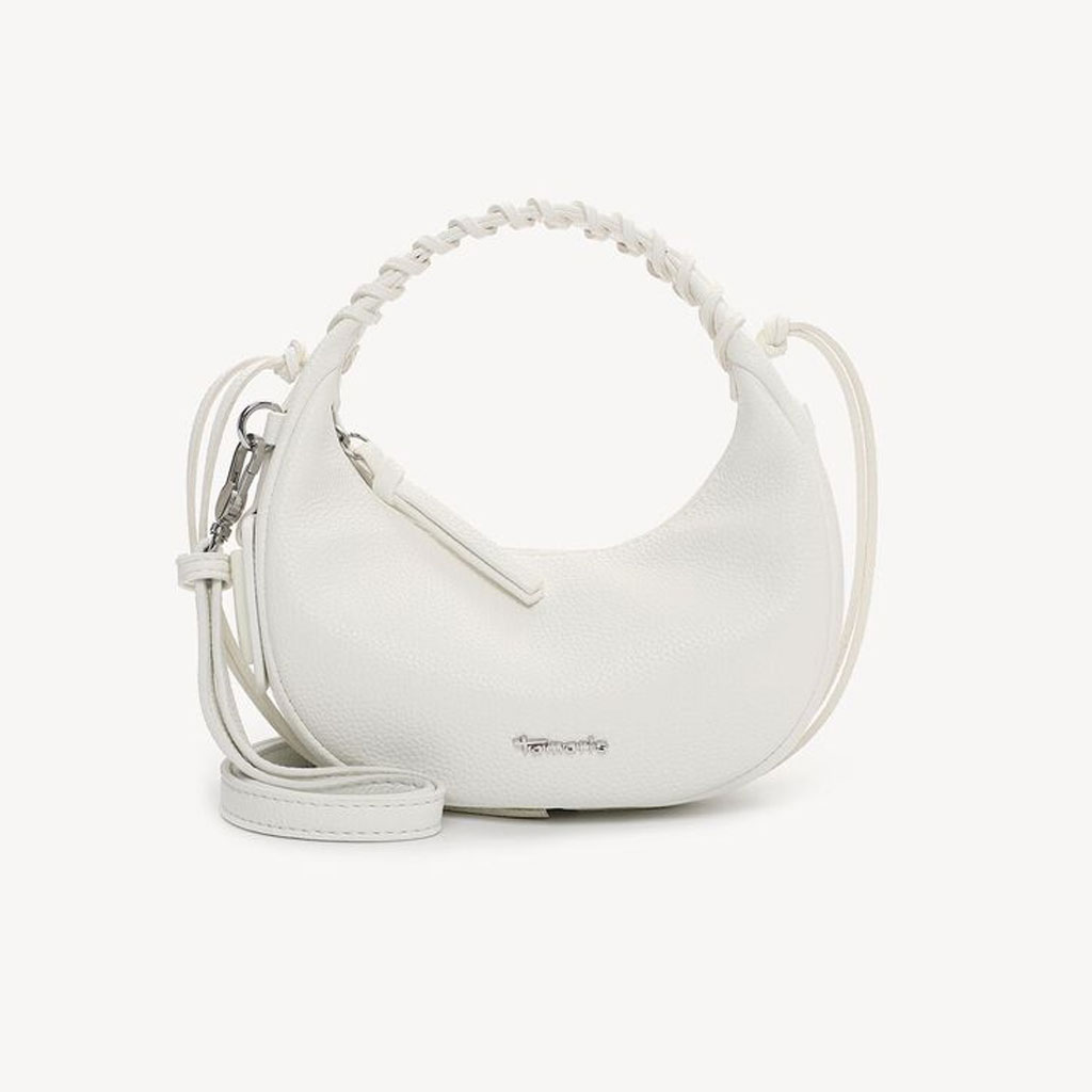 White half-moon handbag by Tamaris with a braided handle, zip fastening and detachable shoulder strap.