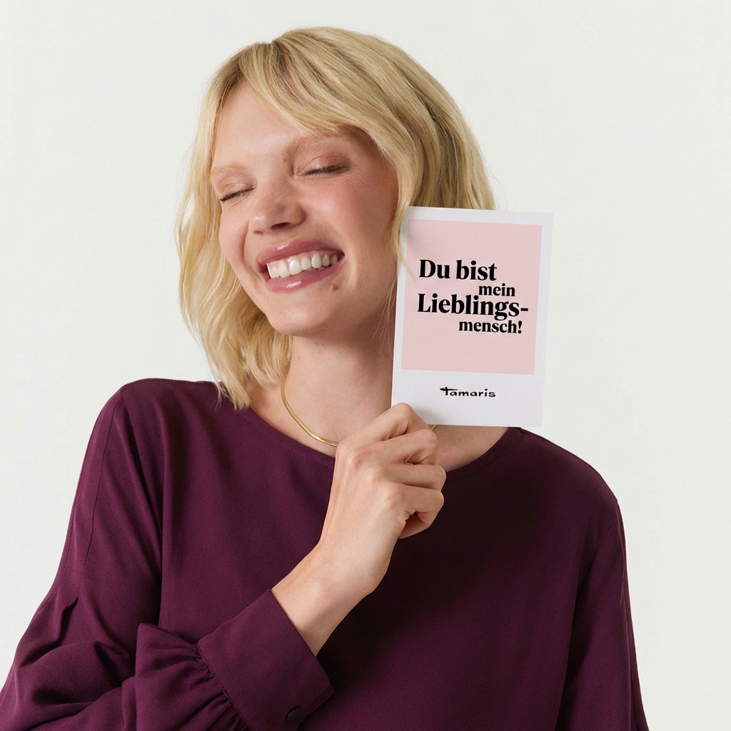 L&auml;chelnde Frau in bordeauxrotem Pullover h&auml;lt rosa Karte mit der Aufschrift "Du bist mein Lieblingsmensch!" von Tamaris