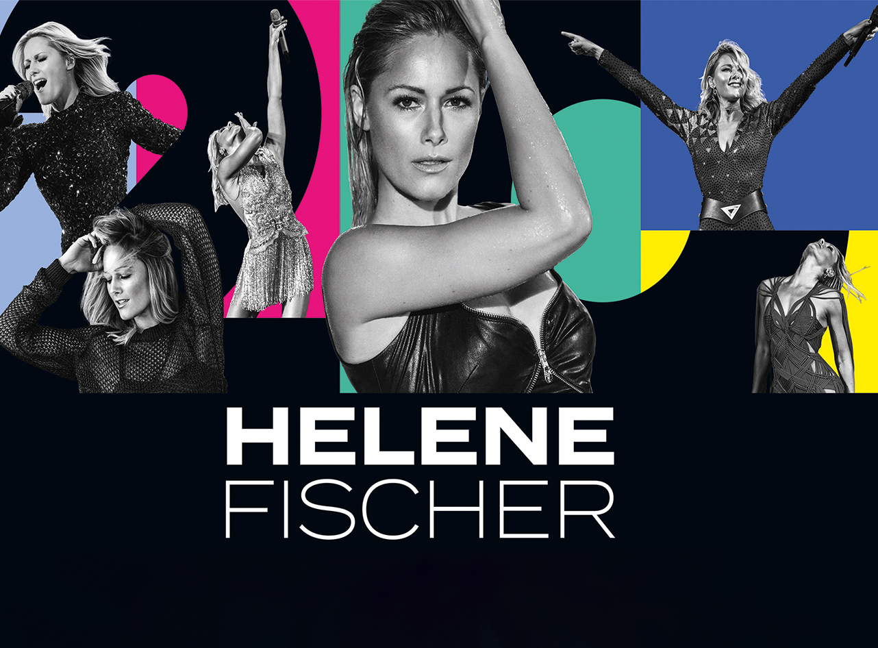 Collage mit mehreren Schwarz-Wei&szlig;-Fotos von Helene Fischer in verschiedenen Posen und Outfits, mit bunten Hintergr&uuml;nden und ihrem Namen.