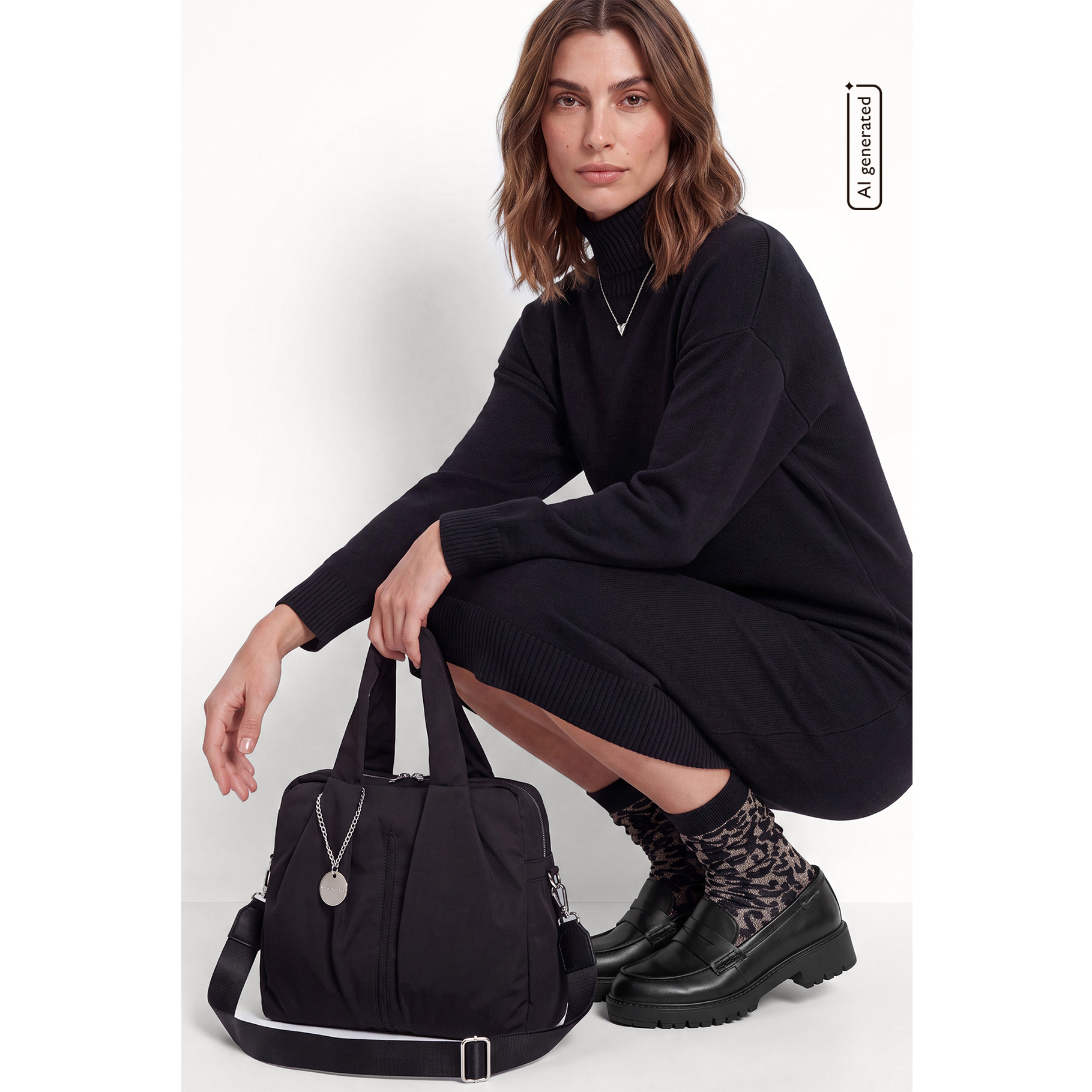 Femme en robe pull noire &agrave; col roul&eacute; tenant un sac &agrave; main noir, portant des chaussettes l&eacute;opard et des mocassins noirs, accroupie devant un fond blanc.