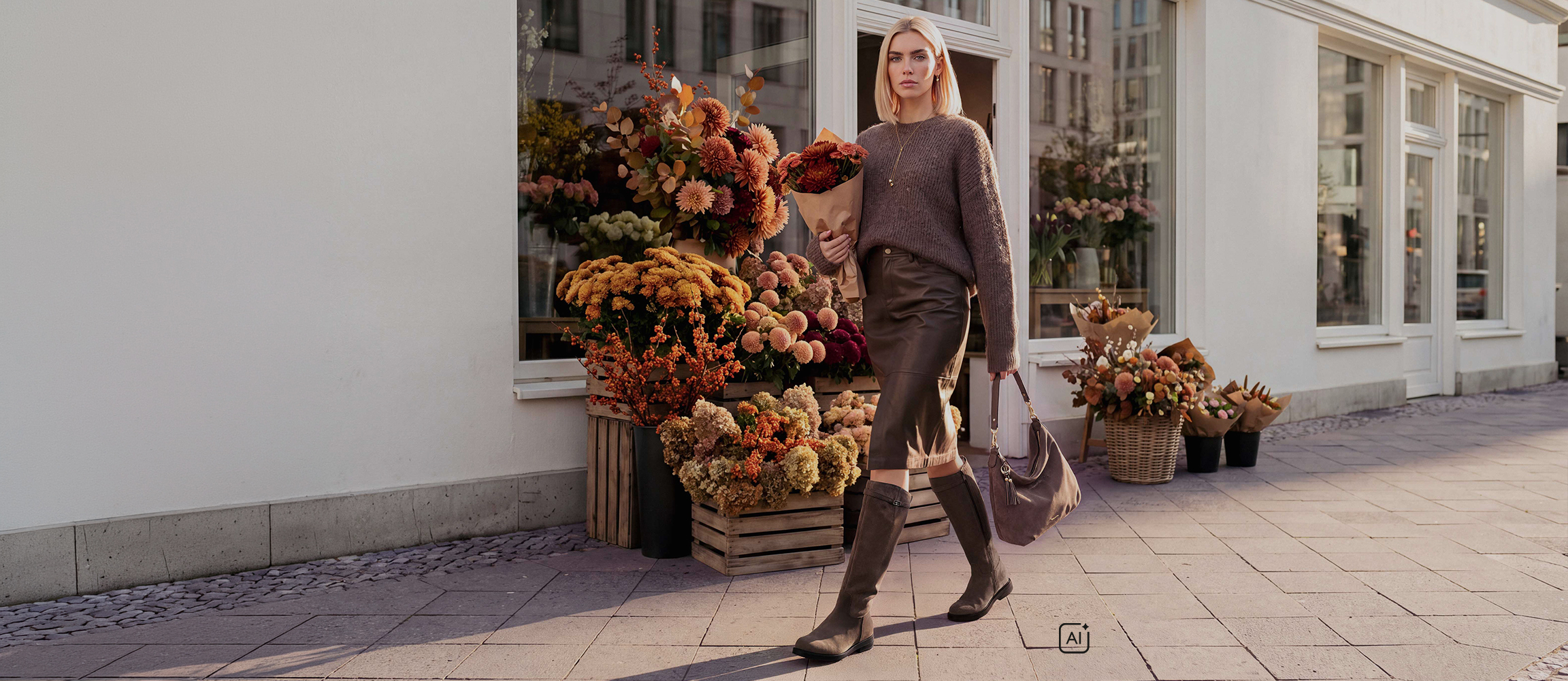 Woman in an autumn outfit with boots and a handbag carrying a bunch of flowers outside a florist in town.
