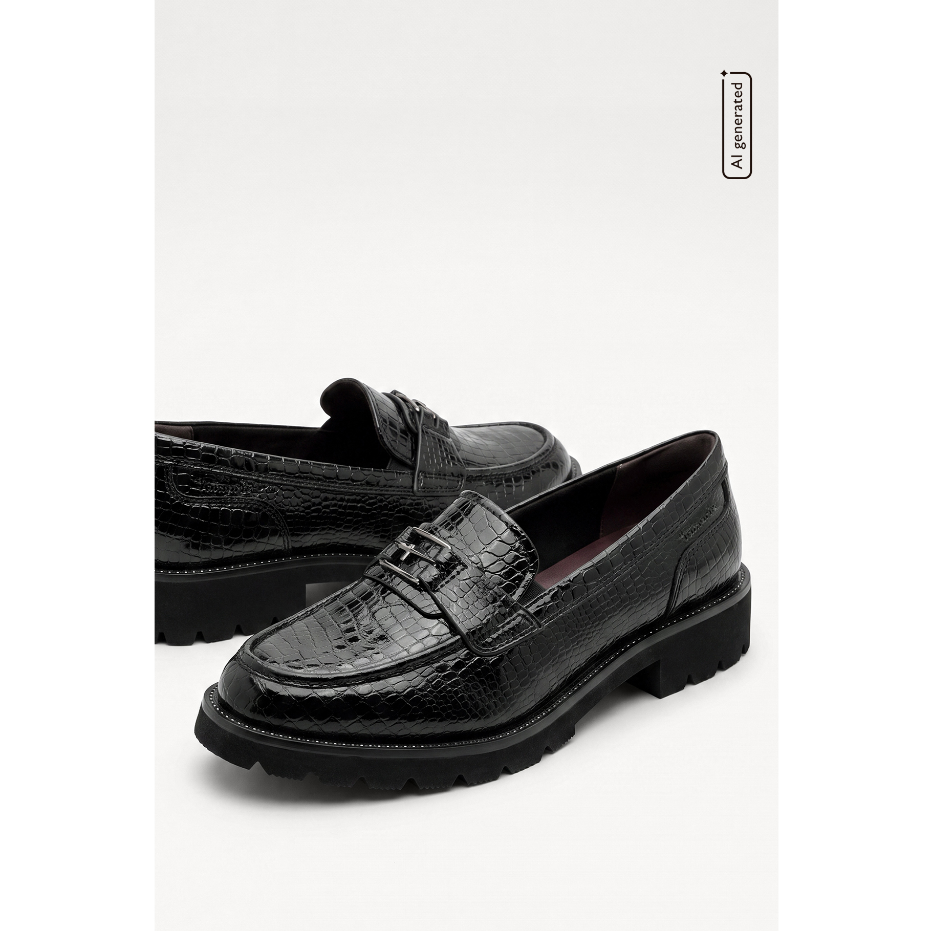 Svarta loafers med krokopr&auml;gling, metallsp&auml;nne och tjock profilsula mot vit bakgrund.