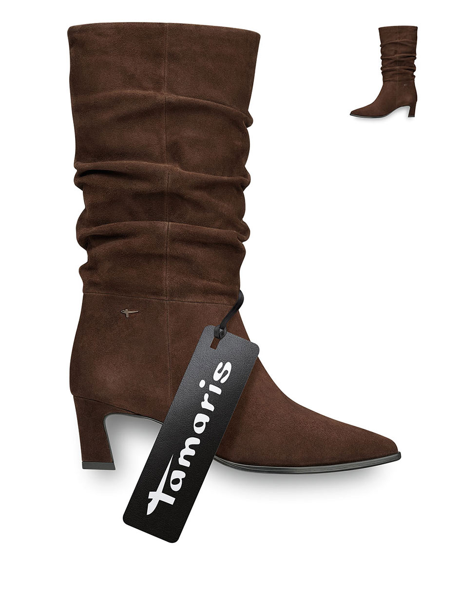 Brauner Tamaris Damen-Stiefel aus Veloursleder mit Raffung, spitzer Zehenpartie und Blockabsatz, mit schwarzem Marken-Etikett.