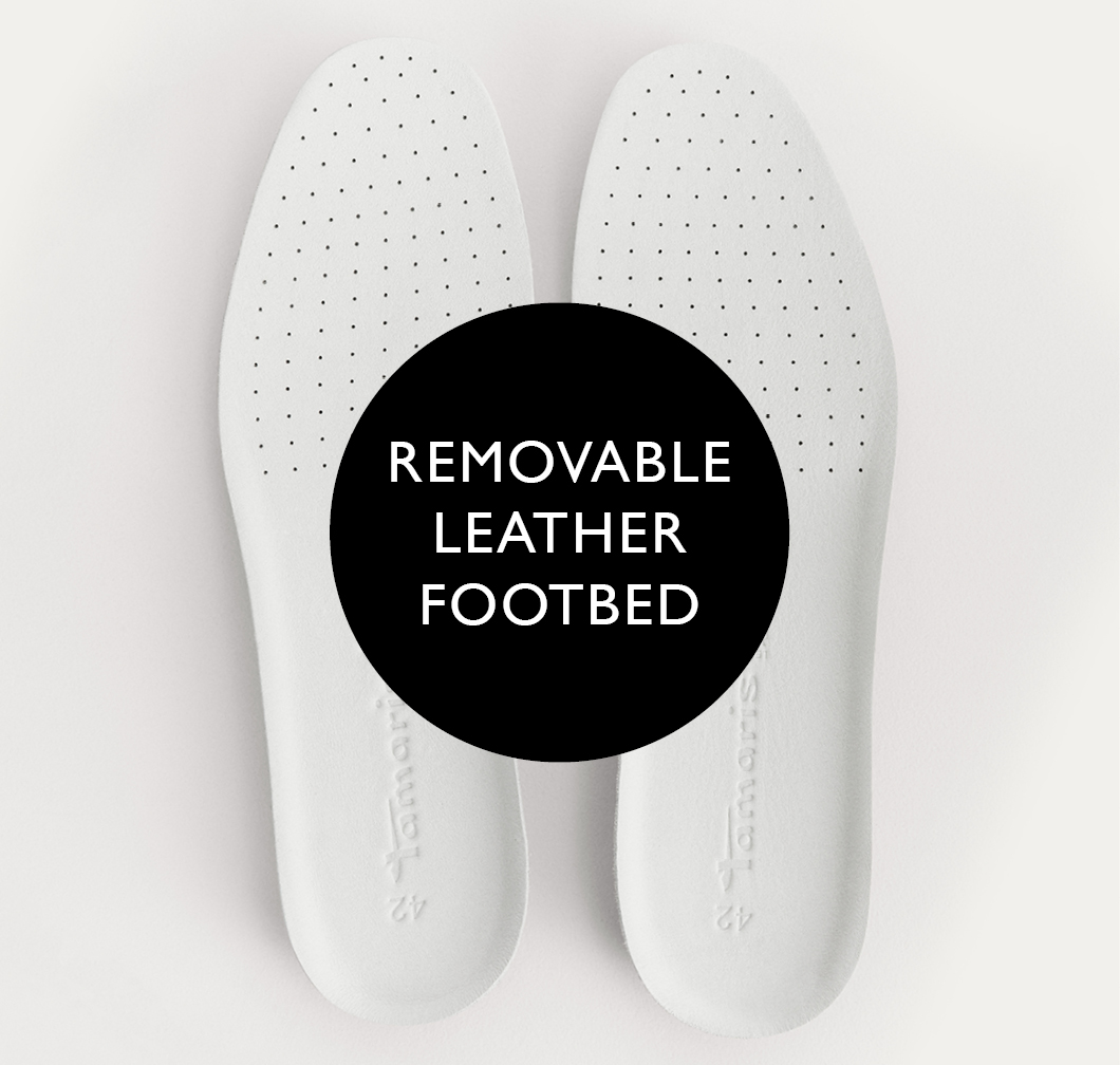 Two white perforated leather insoles with the text &ldquo;Removable Leather Footbed&rdquo; in a black circle.