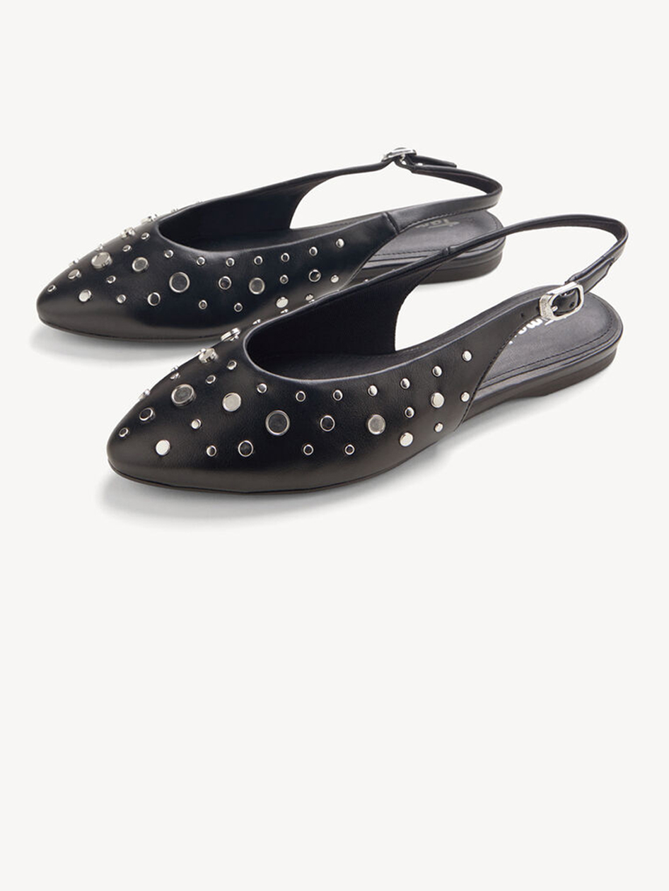Black flat slingback shoes with a pointed toe and silver studs, buckle fastening, on a light background.