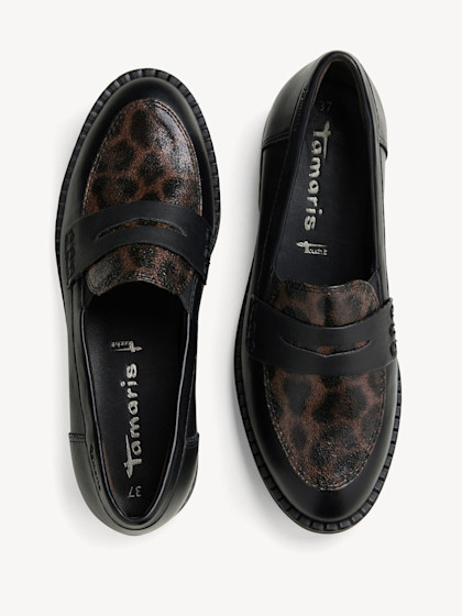 Black women's loafers with leopard print inserts made from shiny leather