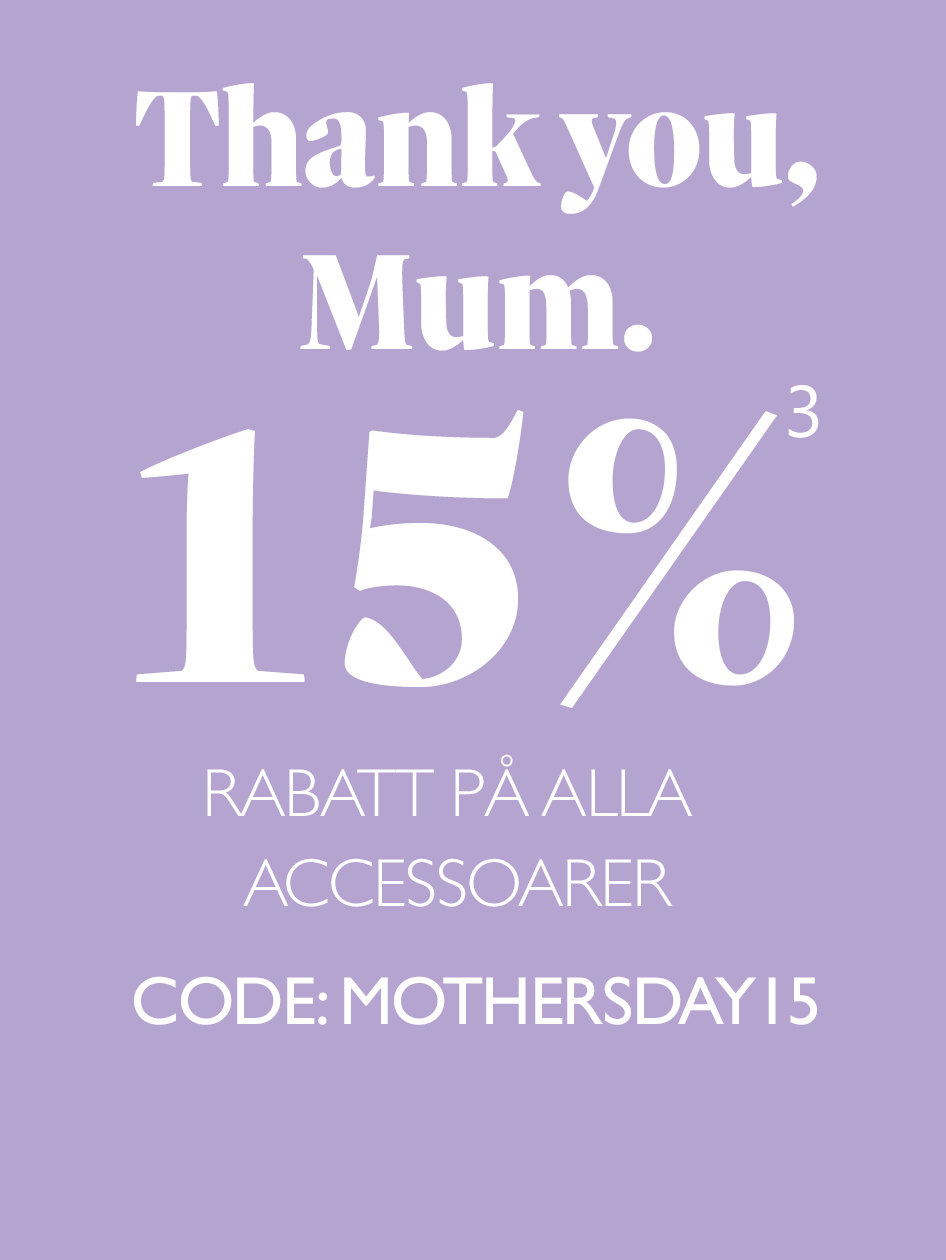 Lila reklambanner f&ouml;r mors dag med 15% rabatt p&aring; alla accessoarer, kod: MOTHERSDAY15.