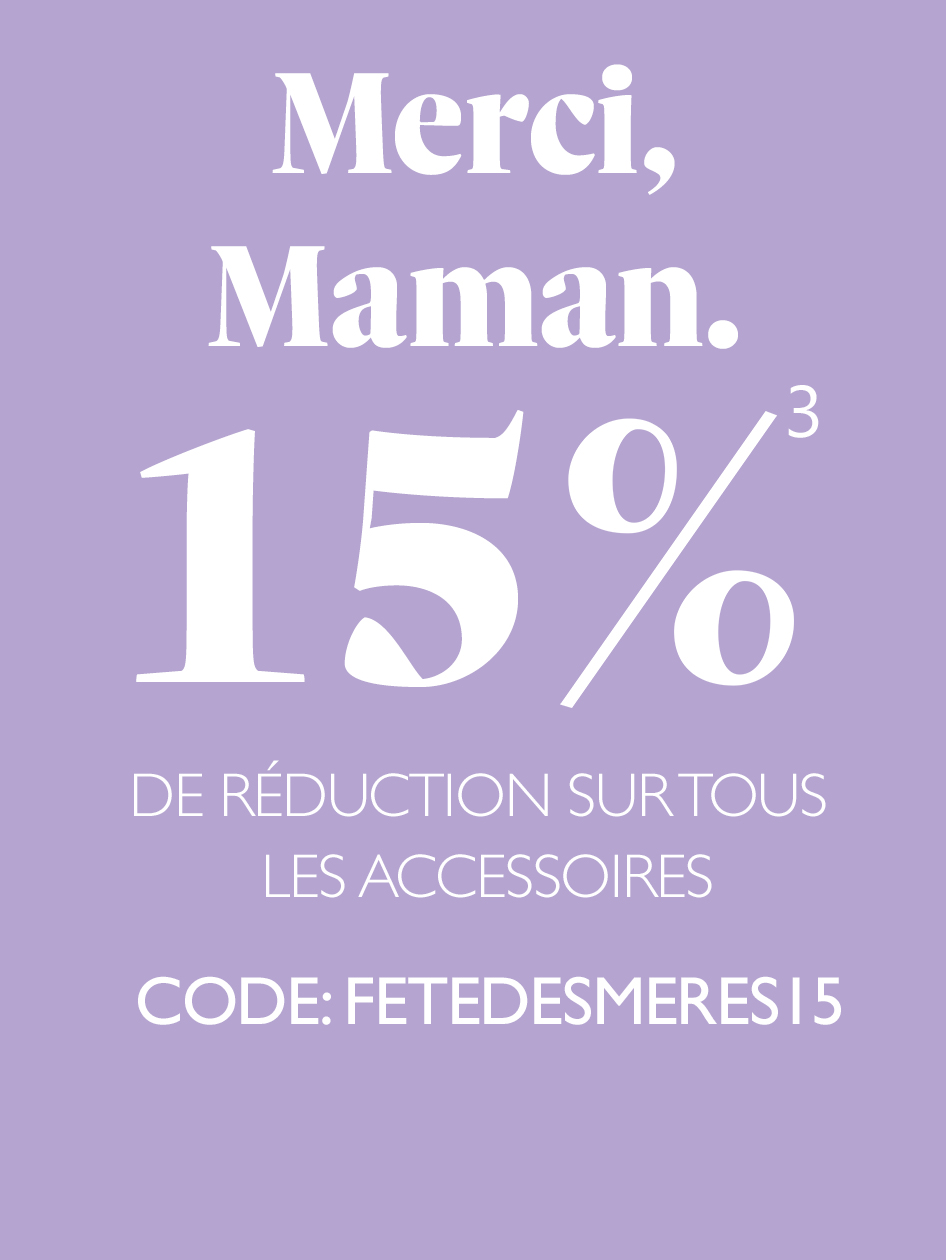 Banni&egrave;re publicitaire violette pour la F&ecirc;te des M&egrave;res avec 15 % de r&eacute;duction sur tous les accessoires, code : FETEDESMERES15 