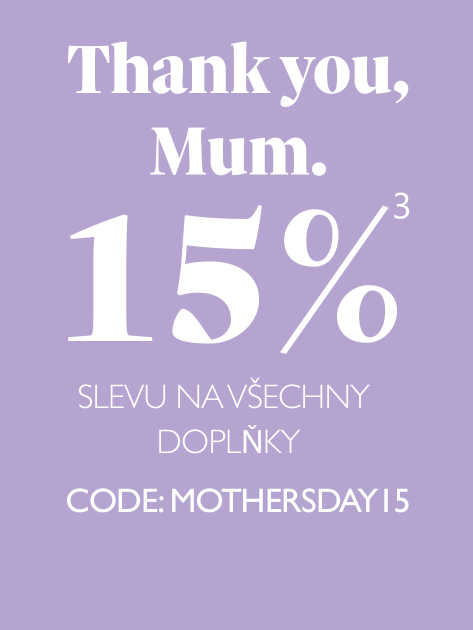 Fialov&yacute; reklamn&iacute; banner ke Dni matek s 15% slevou na v&scaron;echny doplňky, k&oacute;d: MOTHERSDAY15.