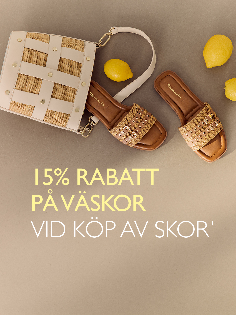 Tamaris sommarsandaler och str&aring;v&auml;ska, kampanj: 15% rabatt p&aring; v&auml;skor vid k&ouml;p av skor.