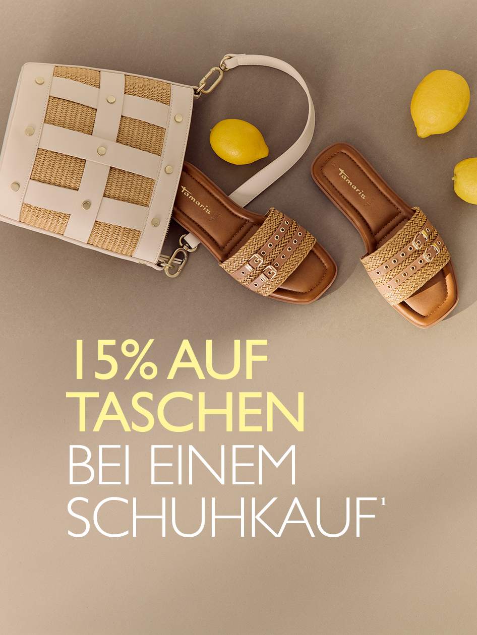 Tamaris Sommersandalen und Strohhandtasche, Rabattaktion: 15% auf Taschen bei einem Schuhkauf.