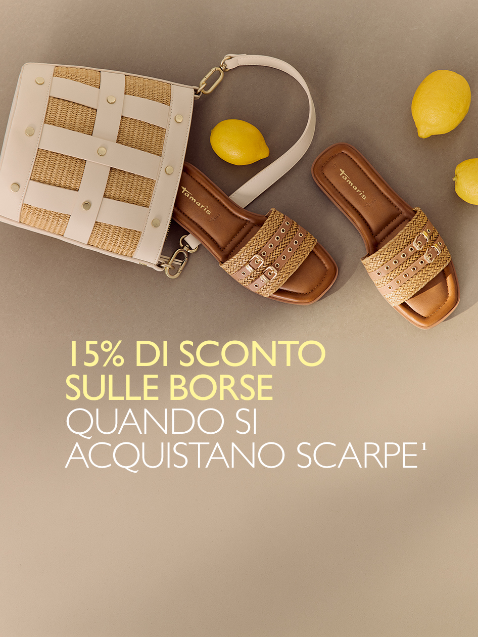 Sandali estivi Tamaris e borsa di paglia, promozione: 15% di sconto sulle borse con l&rsquo;acquisto di scarpe.