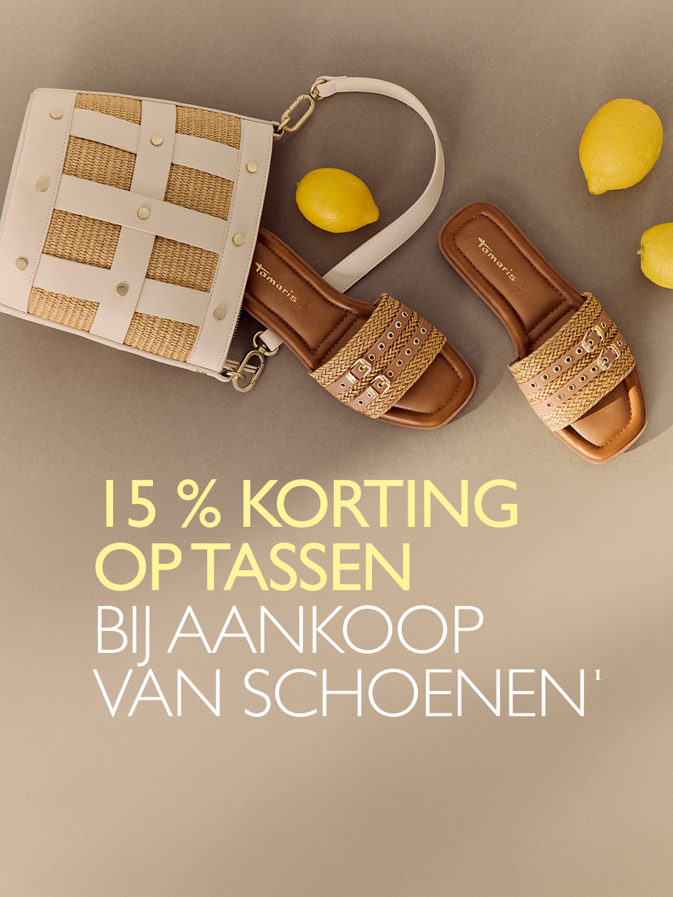 Tamaris zomersandalen en strohandtas, actie: 15% korting op tassen bij aankoop van schoenen.