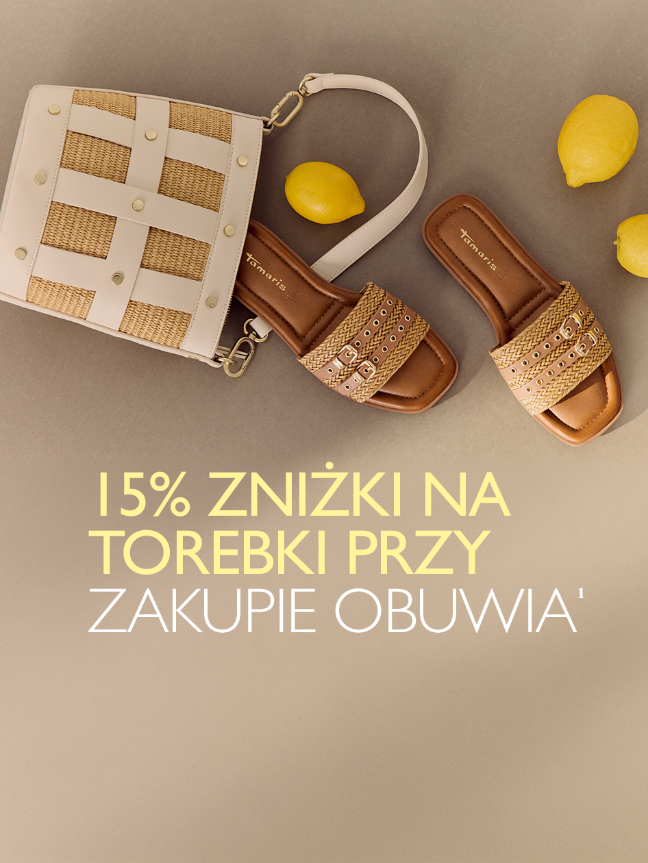 Letnie sandały Tamaris i słomiana torebka, promocja: 15% rabatu na torebki przy zakupie obuwia.