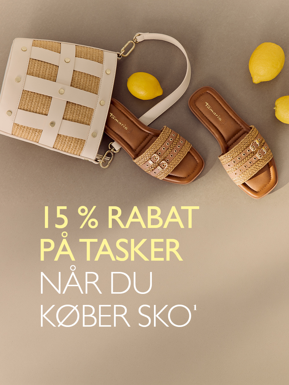 Tamaris sommersandaler og str&aring;taske, kampagne: 15% rabat p&aring; tasker ved k&oslash;b af sko.