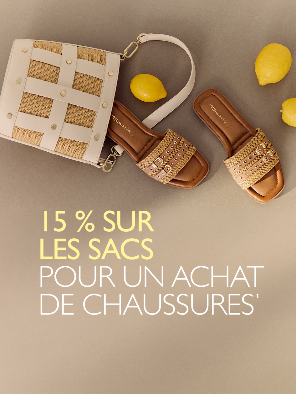 Sandales d&rsquo;&eacute;t&eacute; Tamaris et sac en paille, offre promo : -15 % sur les sacs pour tout achat de chaussures.