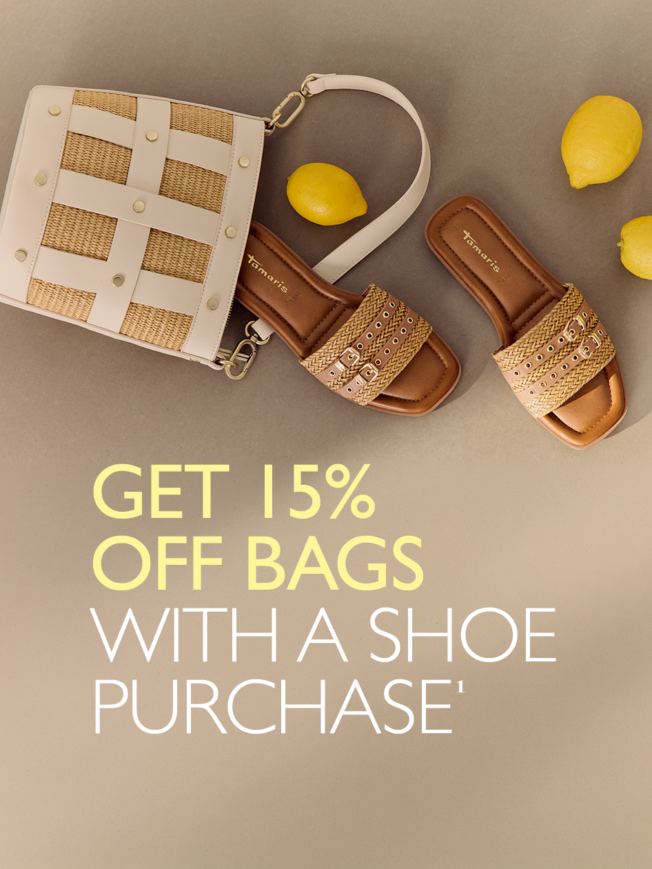 Tamaris summer sandals and a straw handbag, promotion: 15% off bags with a shoe purchase.