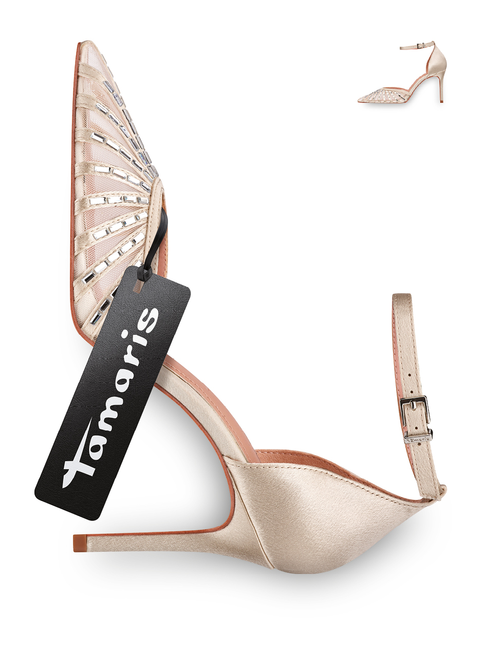 Elegant champagne-colored women&rsquo;s shoe with high heel, ankle strap, and decorative mesh pattern, black Tamaris price tag.