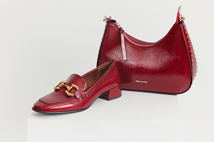 Elegante rode leren schoenen en een bijpassende handtas in een klassiek ontwerp op een witte achtergrond