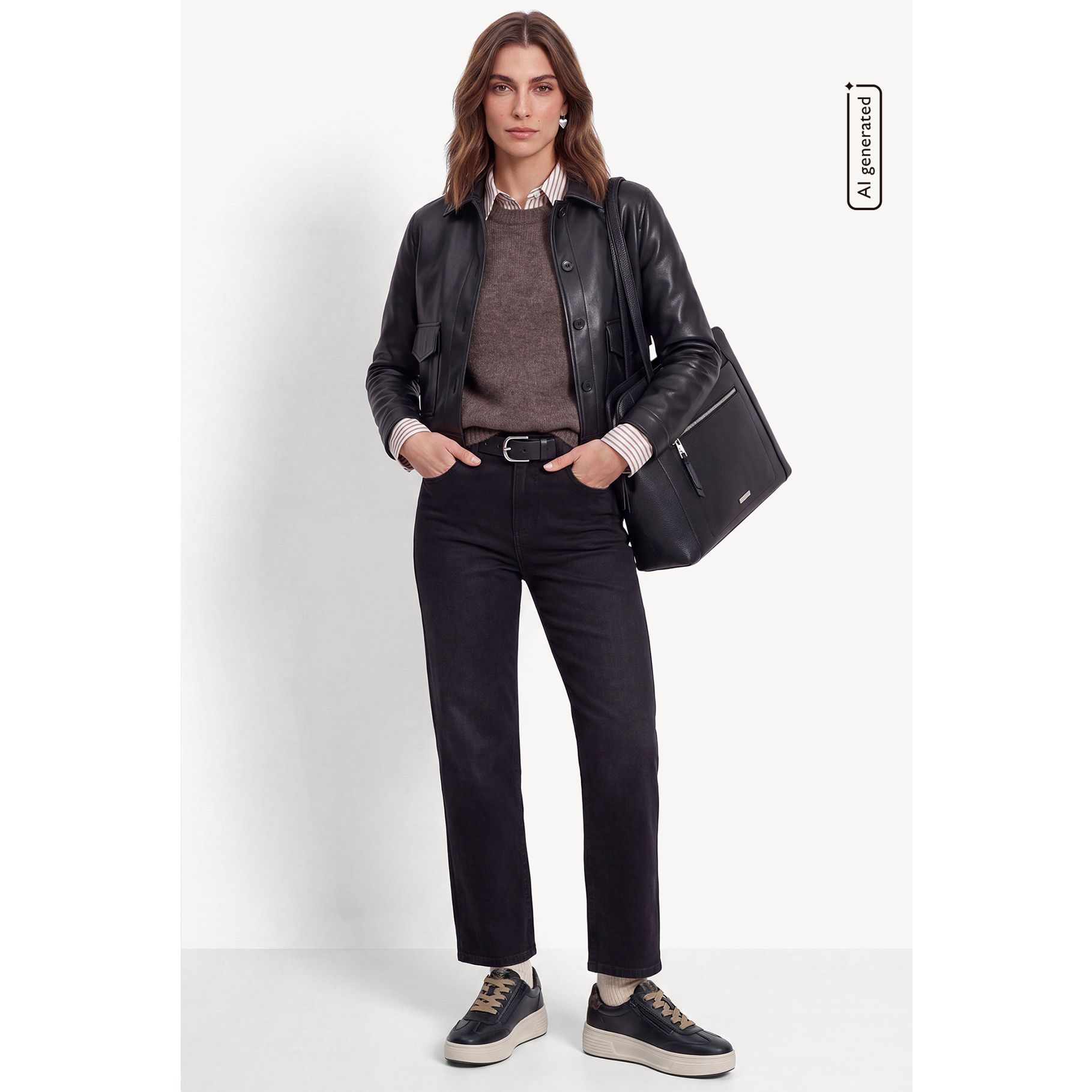 Vrouw in een zwarte leren jas, bruine trui, zwarte jeans en sneakers draagt een zwarte handtas.