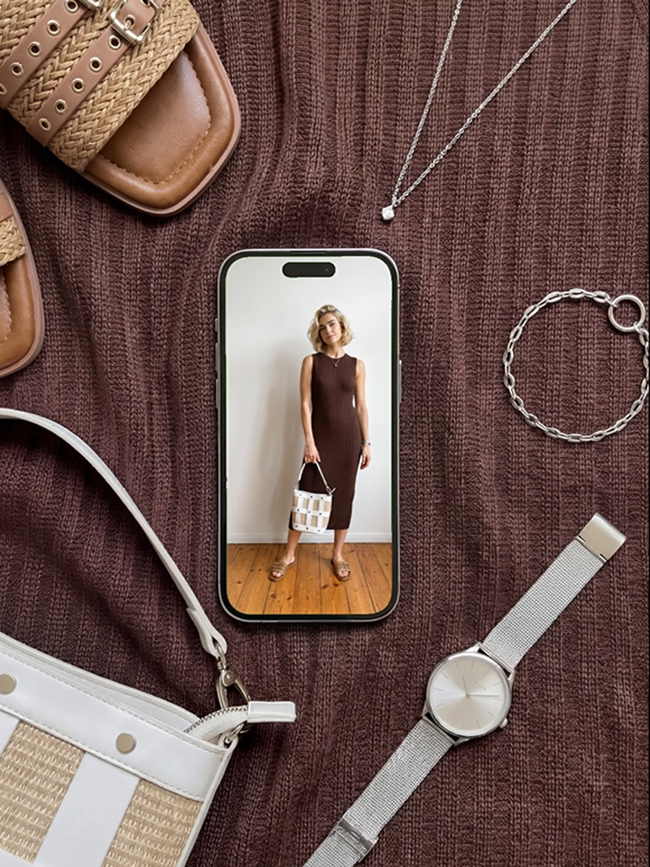 Smartphone zeigt Frau im braunen Kleid, umgeben von Accessoires: Sandalen, Taschen, Silberuhr, Armband und Halskette auf braunem Strickstoff.