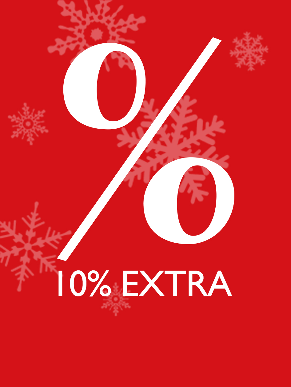 Symbole de pourcentage et texte &laquo; 10 % EXTRA &raquo; en blanc sur fond rouge avec flocons de neige d&eacute;coratifs