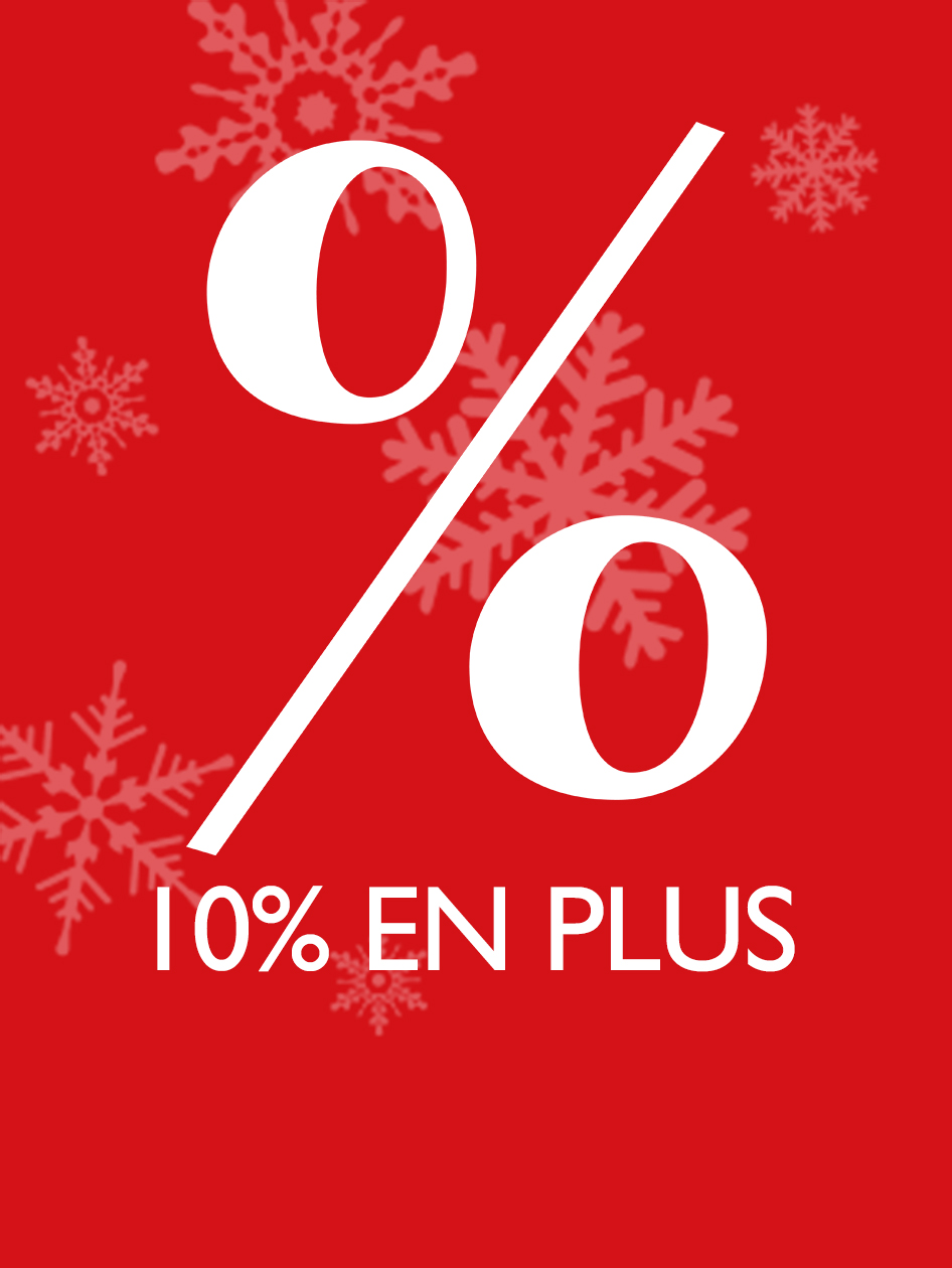 Symbole de pourcentage et texte &laquo; 10 % EXTRA &raquo; en blanc sur fond rouge avec flocons de neige d&eacute;coratifs