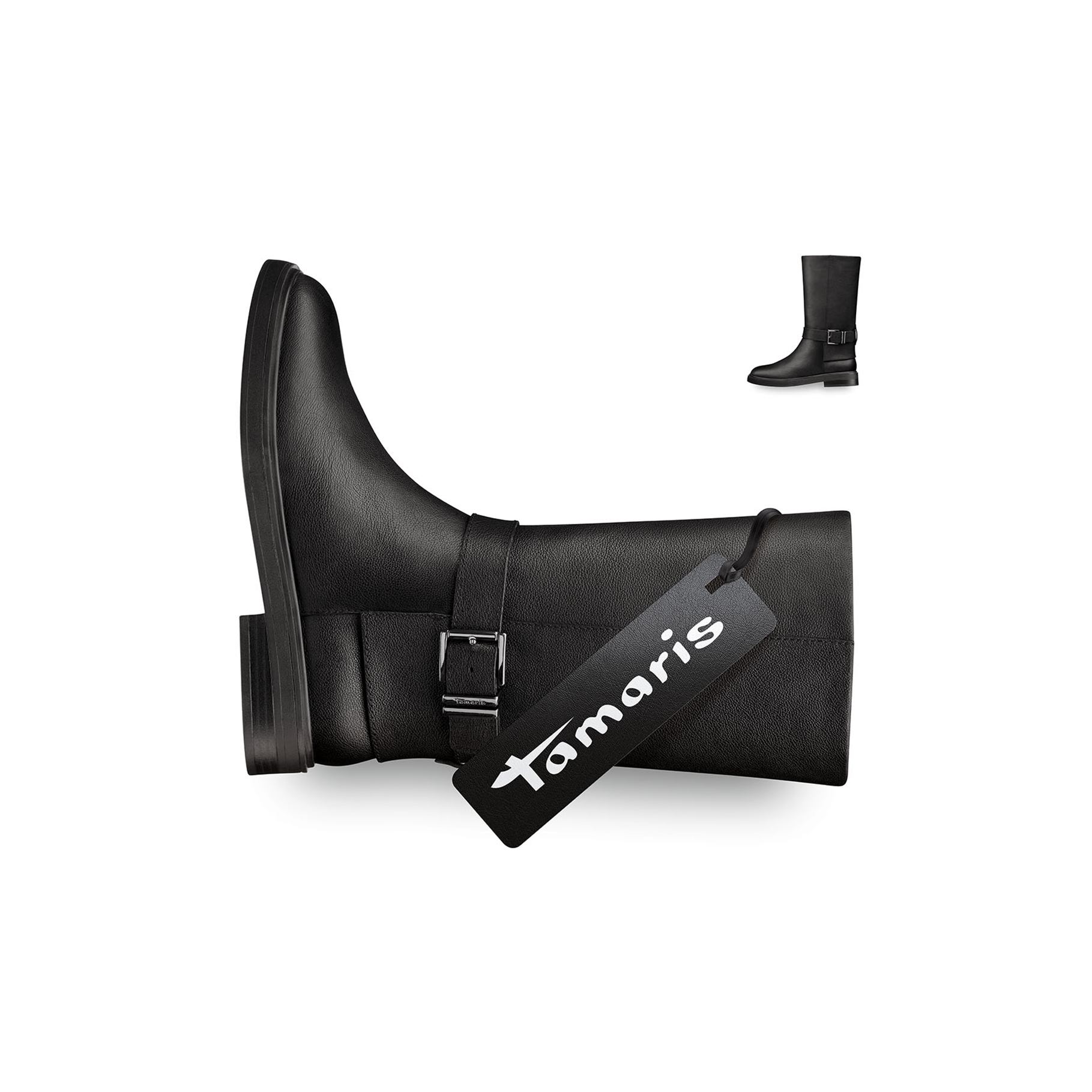 Black Tamaris boot with buckle and flat sole, lying down with brand label, small thumbnail top right.