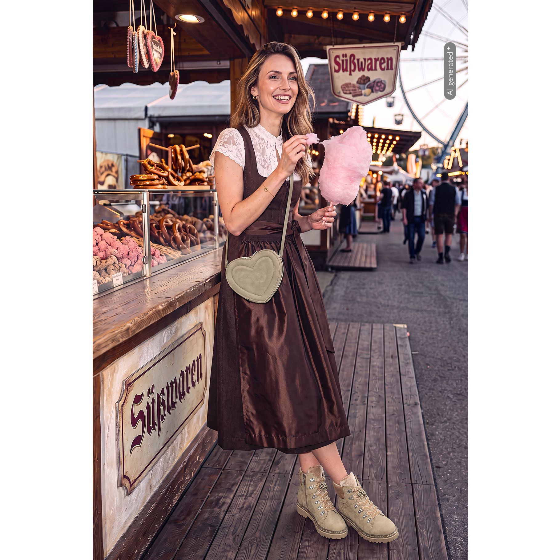 Frau im braunen Dirndl h&auml;lt rosa Zuckerwatte auf dem Oktoberfest, neben einem S&uuml;&szlig;warenstand, mit gr&uuml;ner Herztasche.