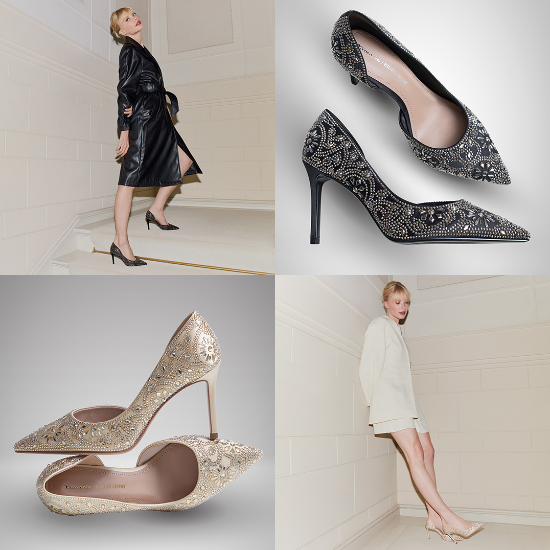 Advertisement for Tamaris x Kilian Kerner featuring embellished black and beige stilettos, paired with a trench coat and dress.
