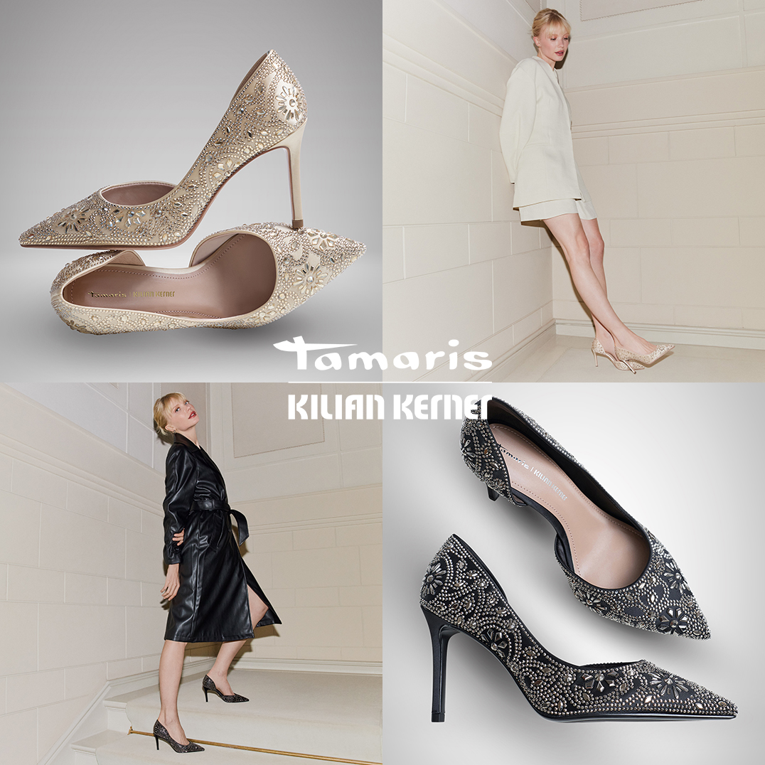 Advertisement for Tamaris x Kilian Kerner featuring embellished black and beige stilettos, paired with a trench coat and dress.