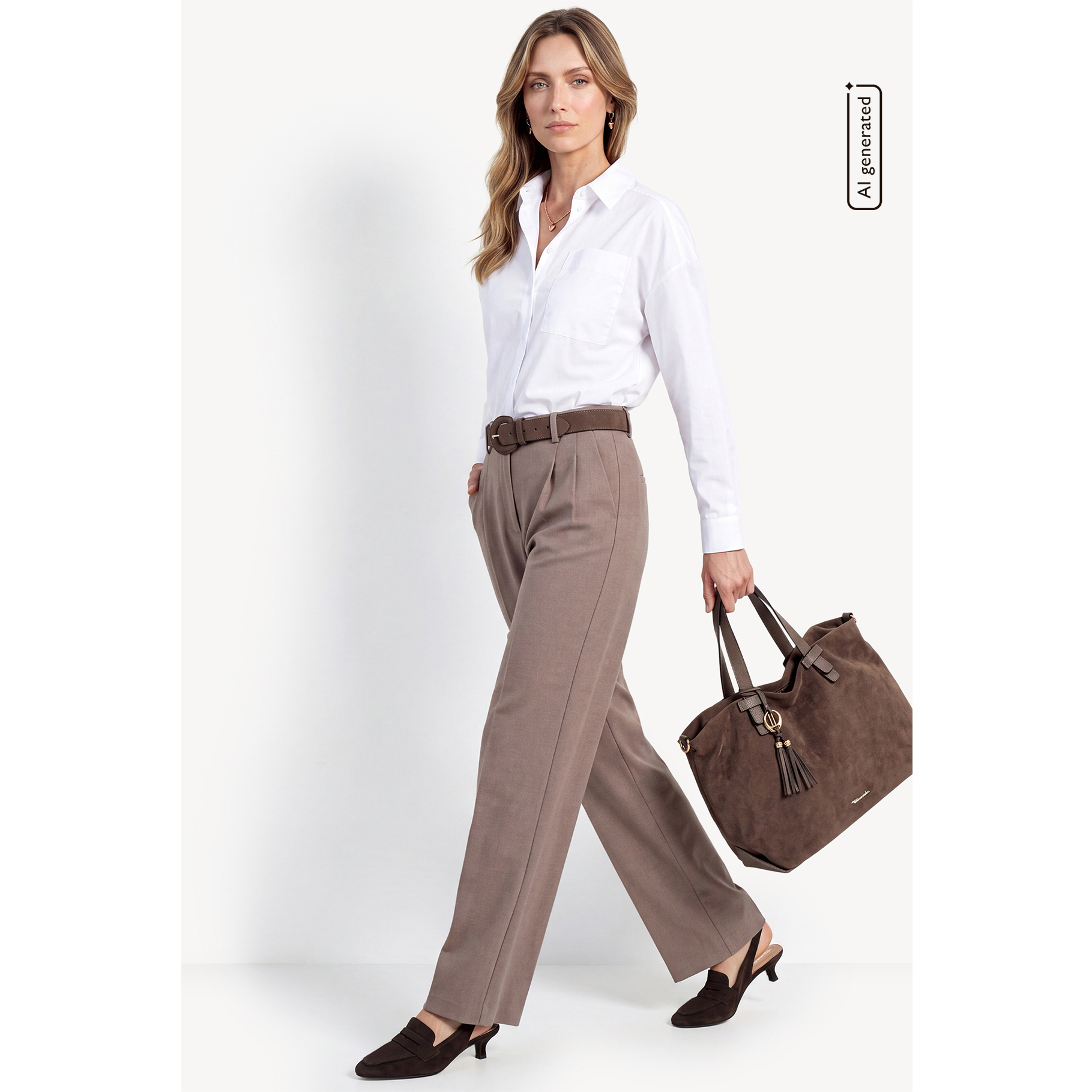 Femme en chemisier blanc et pantalon brun avec ceinture marron, portant un sac &agrave; main brun et des slingbacks fonc&eacute;s, pour un look business &eacute;l&eacute;gant.