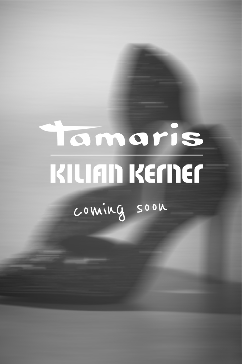 Coming soon-communicatie van Tamaris x Kilian Kerner met een zwart-witbeeld en vervaagde achtergrond.