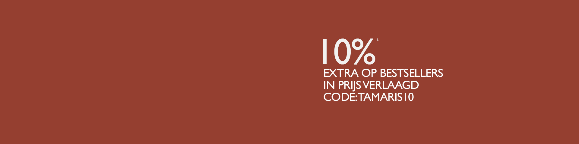 Rode promotiebanner met 10% korting op bestsellers in de uitverkoop en de kortingscode TAMARIS10