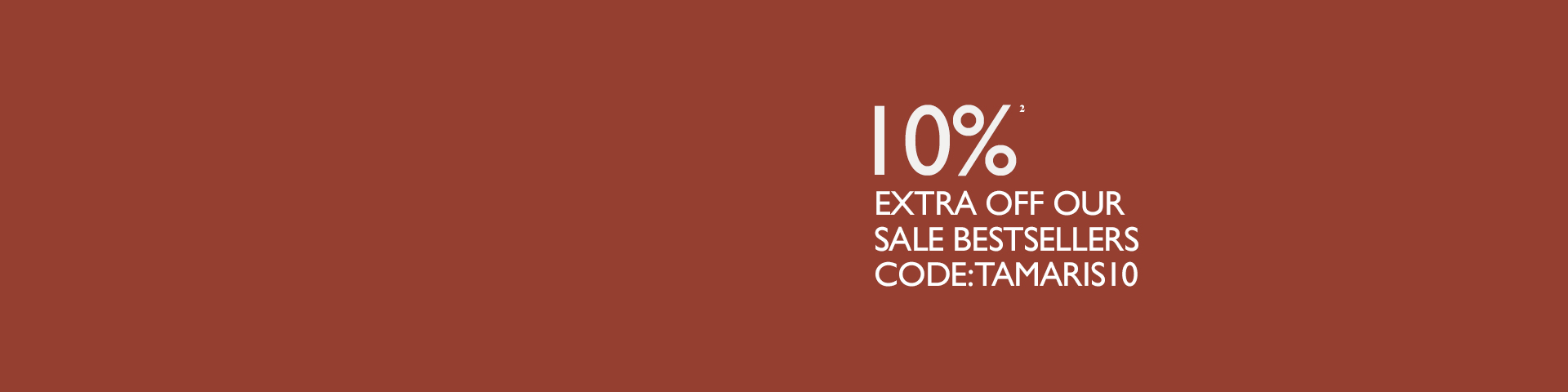 Red advertising banner with a 10% discount on sale bestsellers and the coupon code TAMARIS10