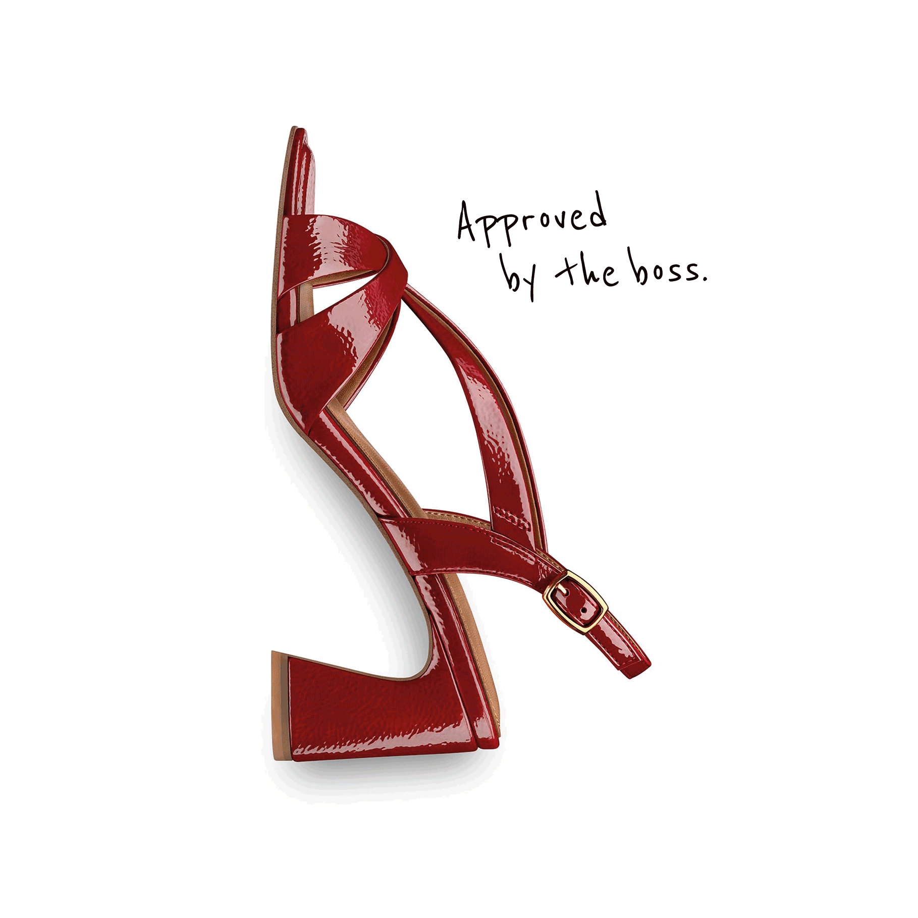 Red patent leather sandal with block heel and buckle, photographed from above. Text: "Approved by the boss."