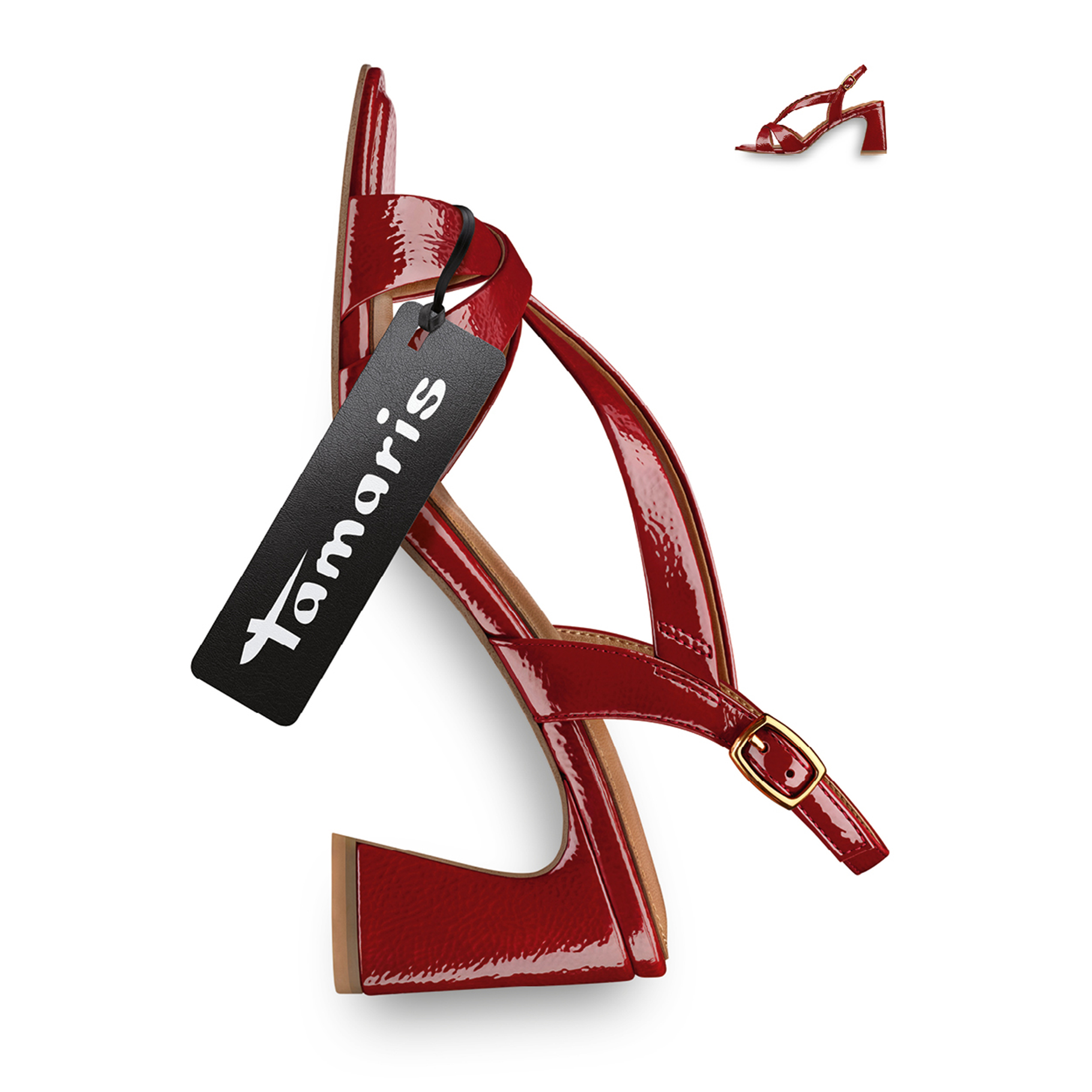 Stiletto rosso in vernice con tacco alto e cartellino del prezzo nero su sfondo bianco.