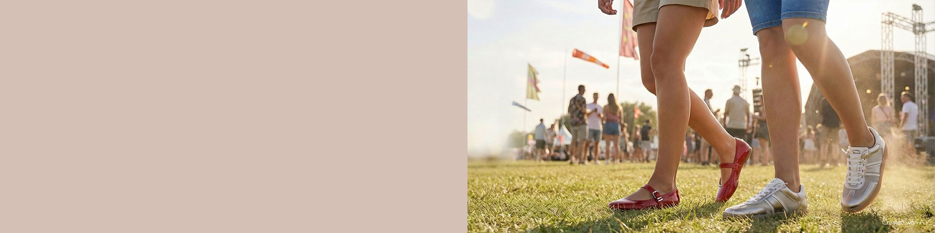 Legs of festival-goers on a sunny meadow, red and white shoes in the foreground, a blurred crowd in the background.