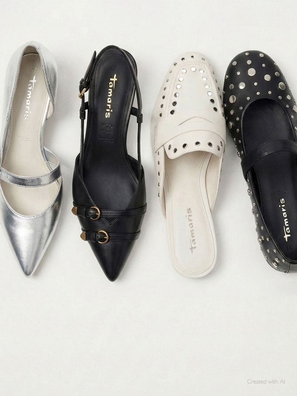 Vier elegante Damenschuhe in Silber, Schwarz und Wei&szlig; mit Nieten-Details und Schnallen, nebeneinander auf wei&szlig;em Hintergrund angeordnet.
