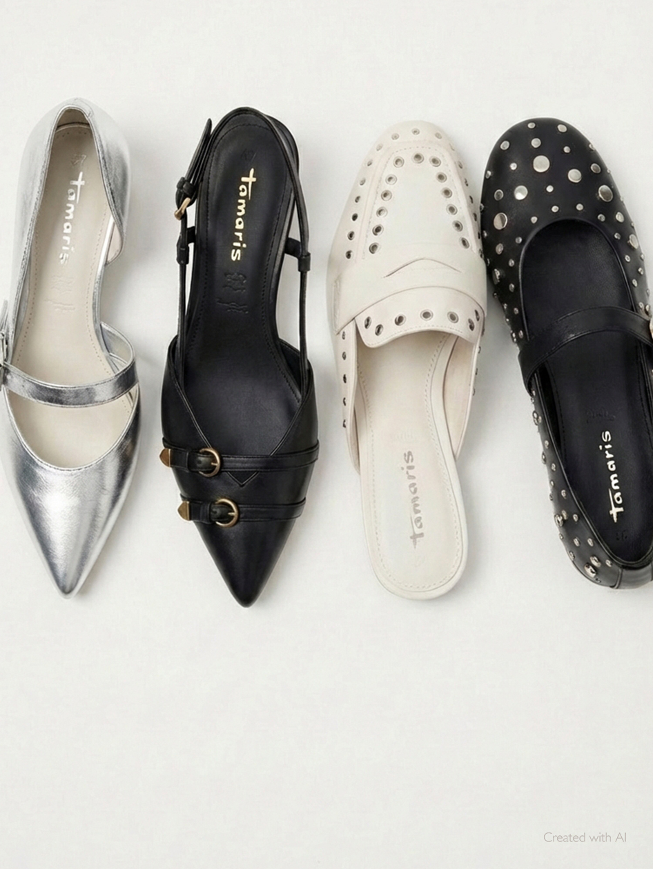 Quattro eleganti scarpe da donna in argento, nero e bianco con dettagli borchiati e fibbie, disposte una accanto all&rsquo;altra su sfondo bianco.