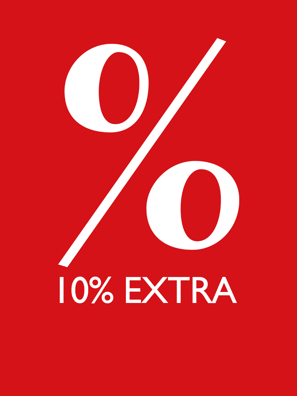 Large percentage sign in white on a red background with the text "10% EXTRA" underneath