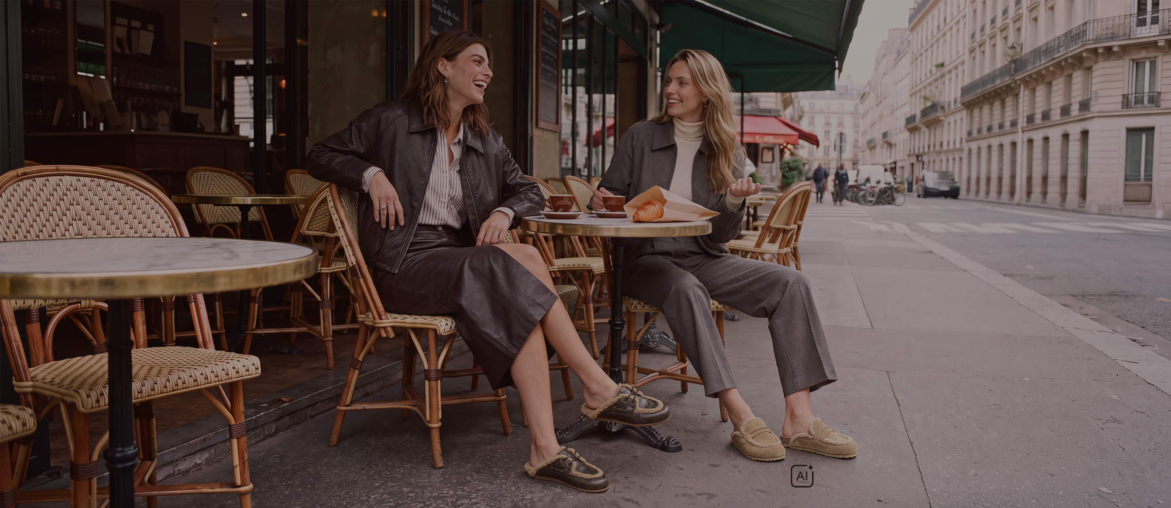 Zwei Frauen in eleganten Outfits sitzen lachend an einem Pariser Stra&szlig;encaf&eacute; mit Croissants und Kaffee.