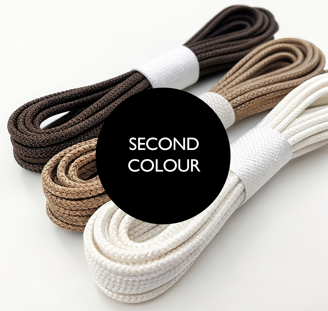 Three pairs of braided laces in brown, beige and white with black circle and text "Second Colour"