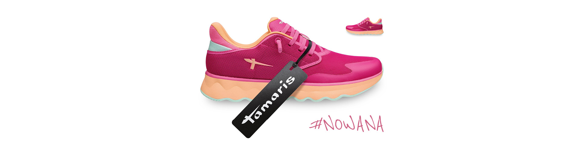 Pink sports shoe by Tamaris with orange sole and brand logo, next to it a black label and hashtag Nowana