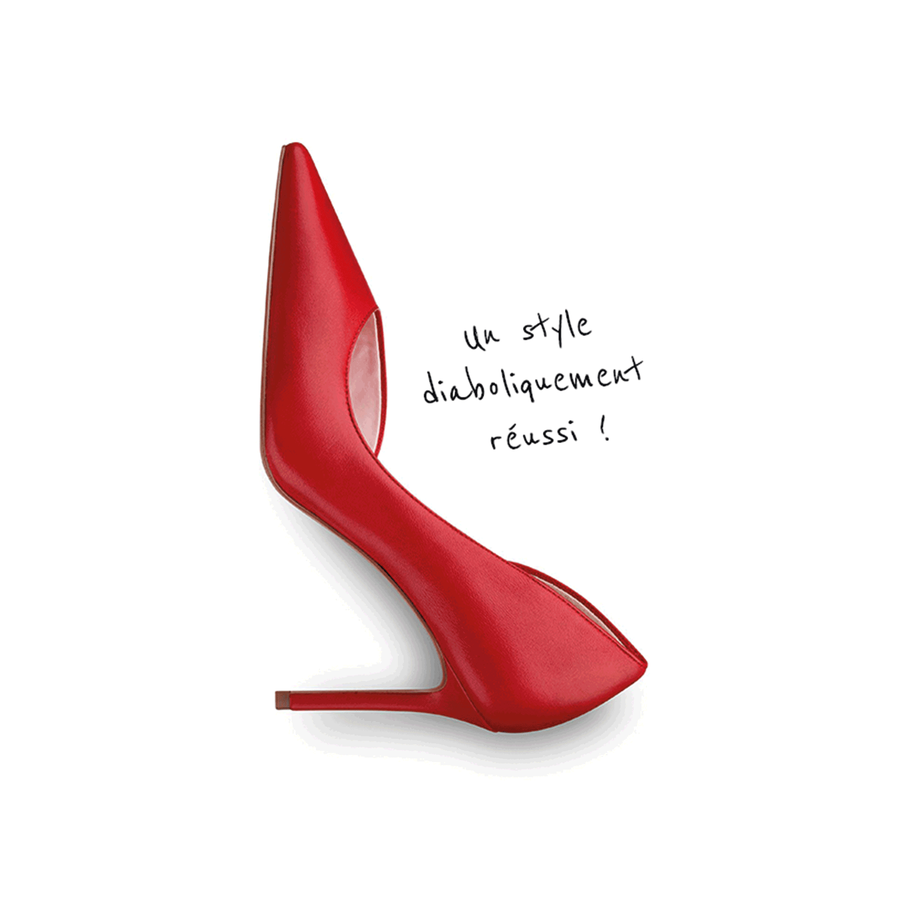 Escarpin rouge pour femme &agrave; bout pointu et talon aiguille avec l&rsquo;inscription &laquo; Devilishly stylish! &raquo; sur fond blanc.