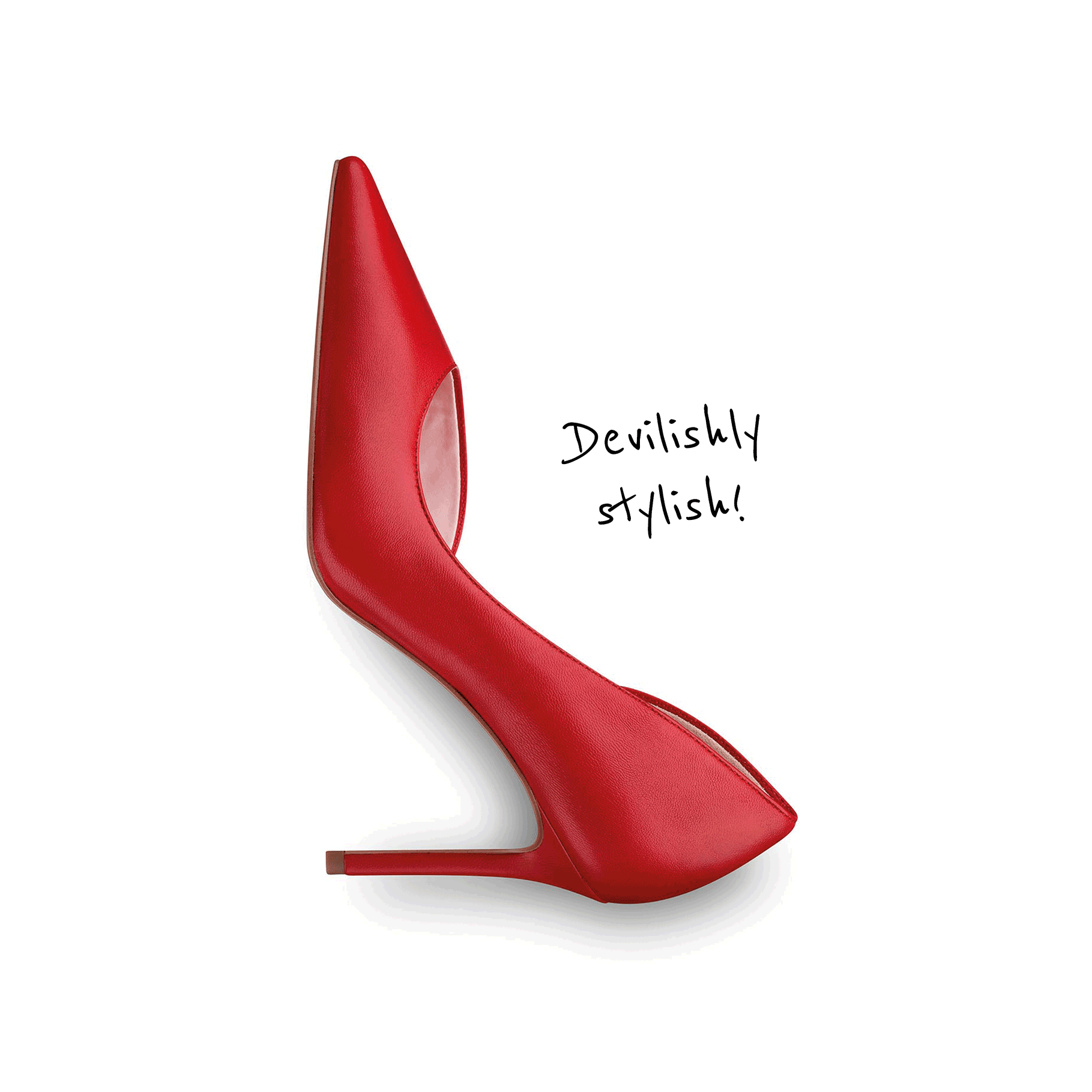 Red women&rsquo;s pump with pointed toe and stiletto heel, featuring the text "Devilishly stylish!" on a white background.