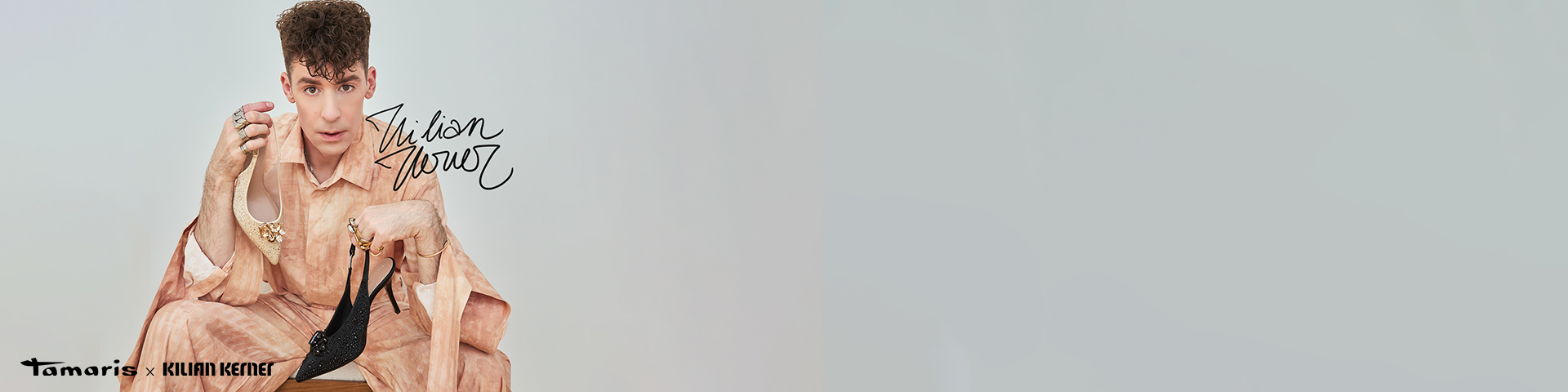 Person in a beige outfit holding two shoes: a beige and a black high heel. "Kilian Kerner" signature in the background.