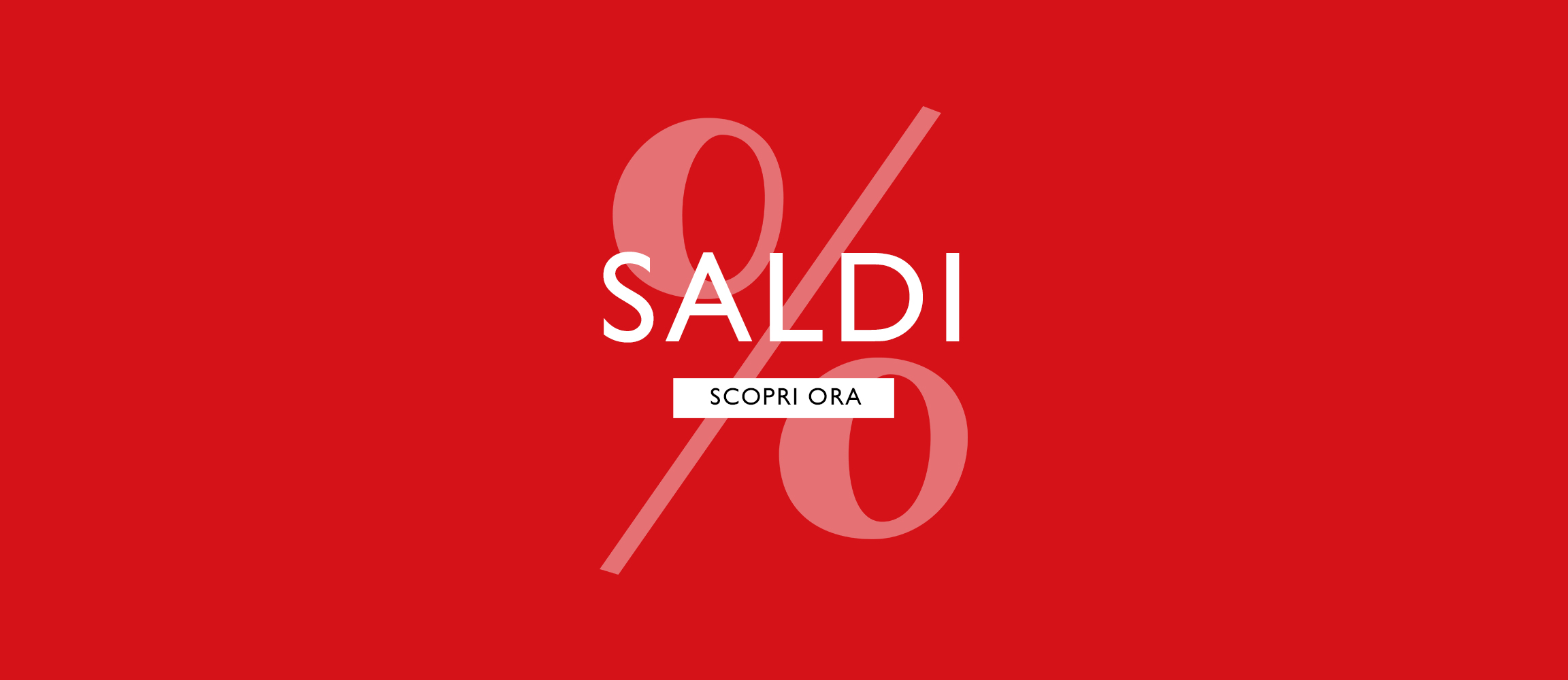 Banner pubblicitario rosso con testo SALE bianco e simbolo di percentuale sullo sfondo, oltre a un pulsante Acquista Ora