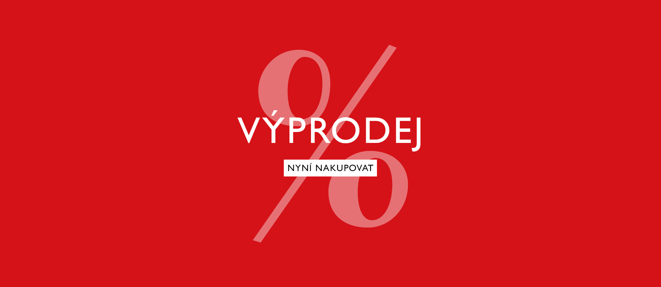 Červen&yacute; reklamn&iacute; banner s b&iacute;l&yacute;m textem V&Yacute;PRODEJ a procentn&iacute;m znakem na pozad&iacute;, stejně jako tlač&iacute;tko Nakupovat nyn&iacute;.